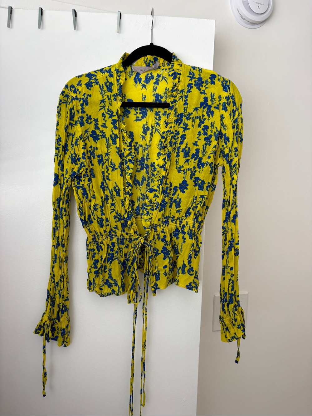 Floral Tie-Front V-Neck Blouse - Yellow with Blue Floral Print